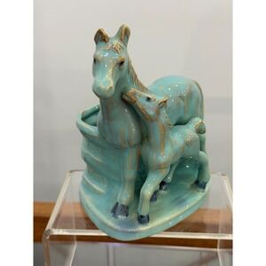Vintage Horse & Foal Figurines Cache Planter Betson's Hand Painted Aqua Ceramic